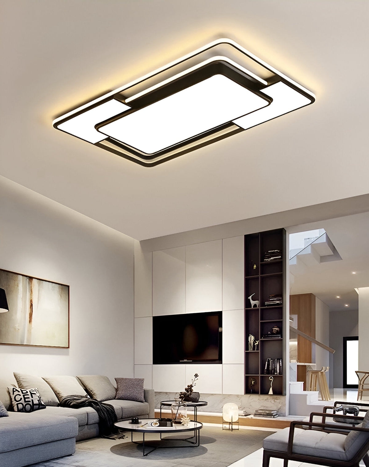 Plafonnier moderne à trois surfaces lumineuses noir et blanc, vue 3