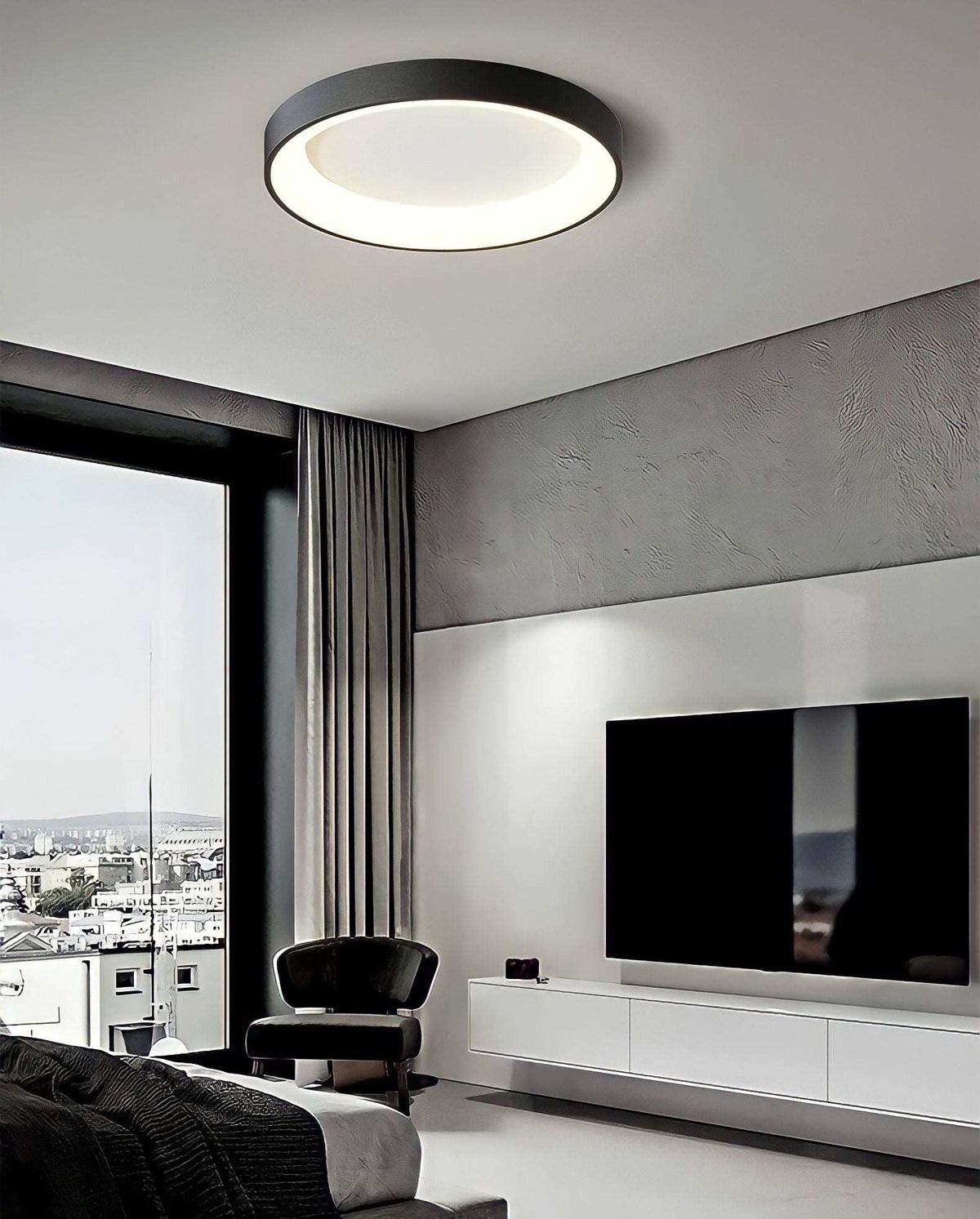 Plafonnier moderne rond et plat en aluminium, noir ou blanc, vue 5