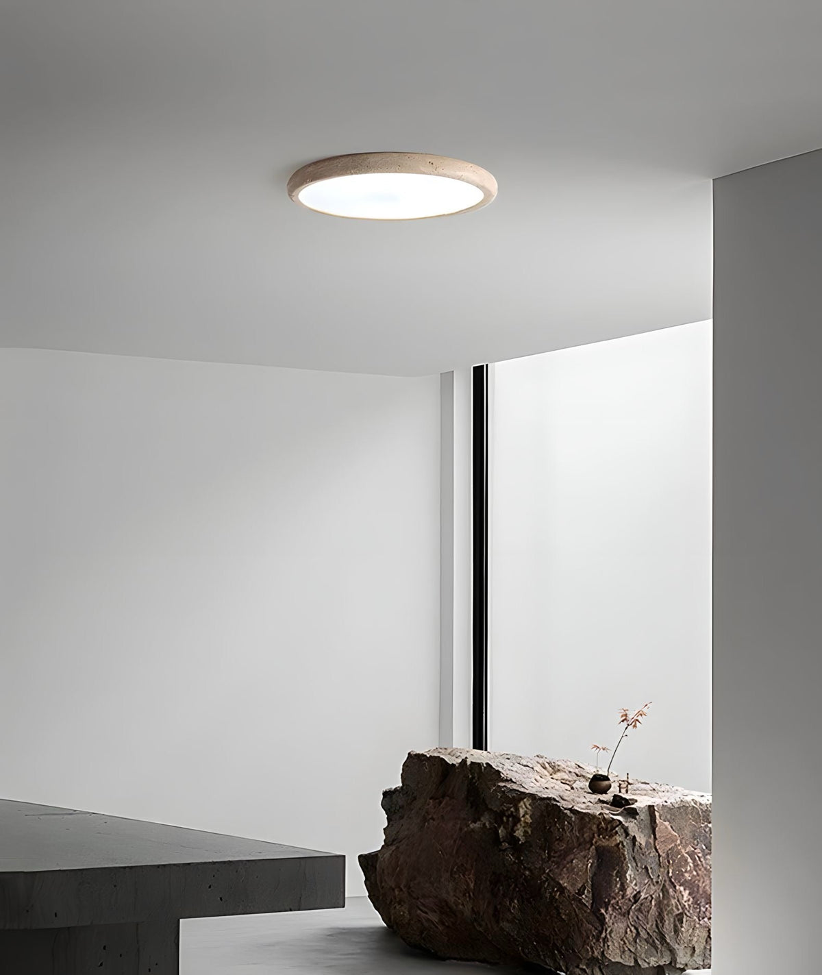Plafonnier travertin rond et plat, lumière chaude, vue 4