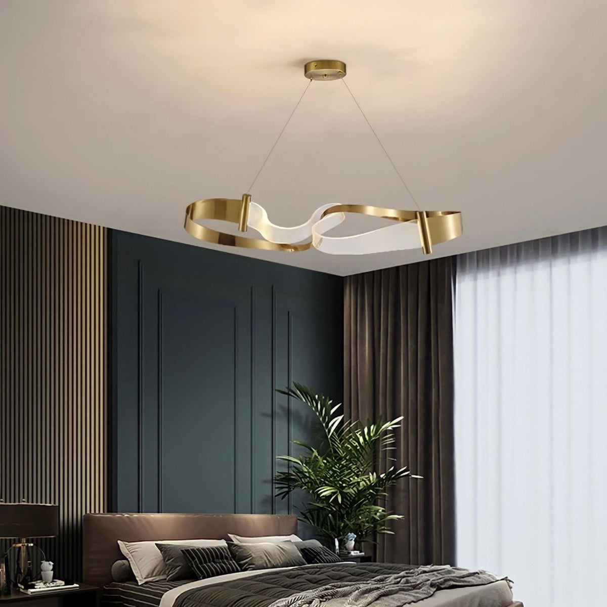 Suspension anneau LED dorée à courbe ondulée, vue 2