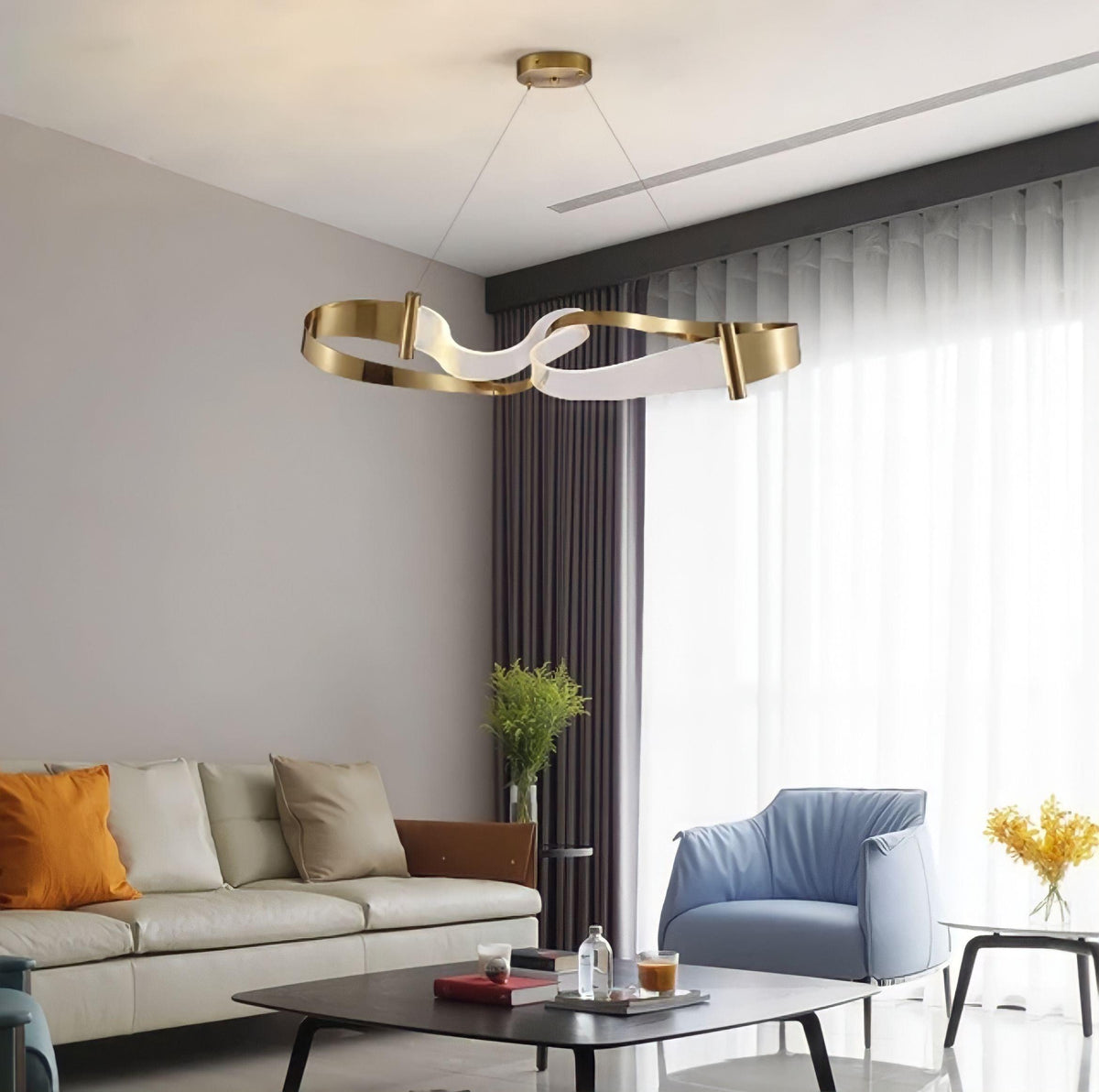 Suspension anneau LED dorée à courbe ondulée, vue 3