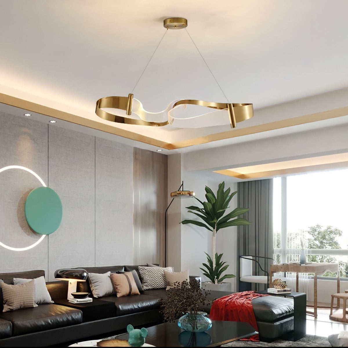 Suspension anneau LED dorée à courbe ondulée, vue 4
