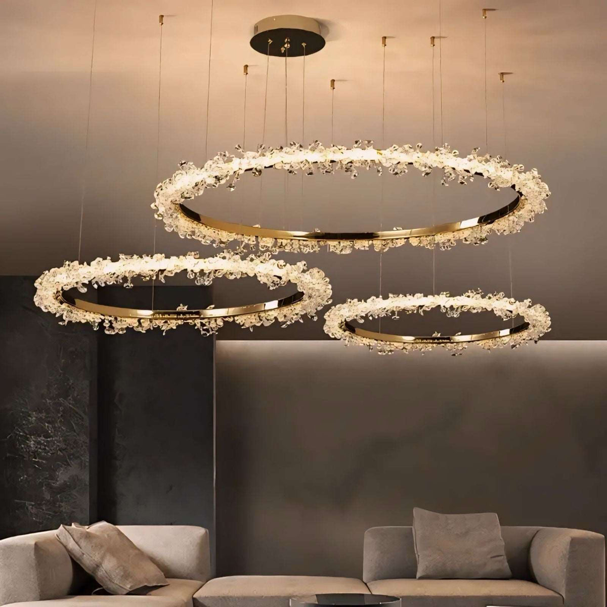 Suspension cristal à anneaux en aluminium et cristal K9 Halo