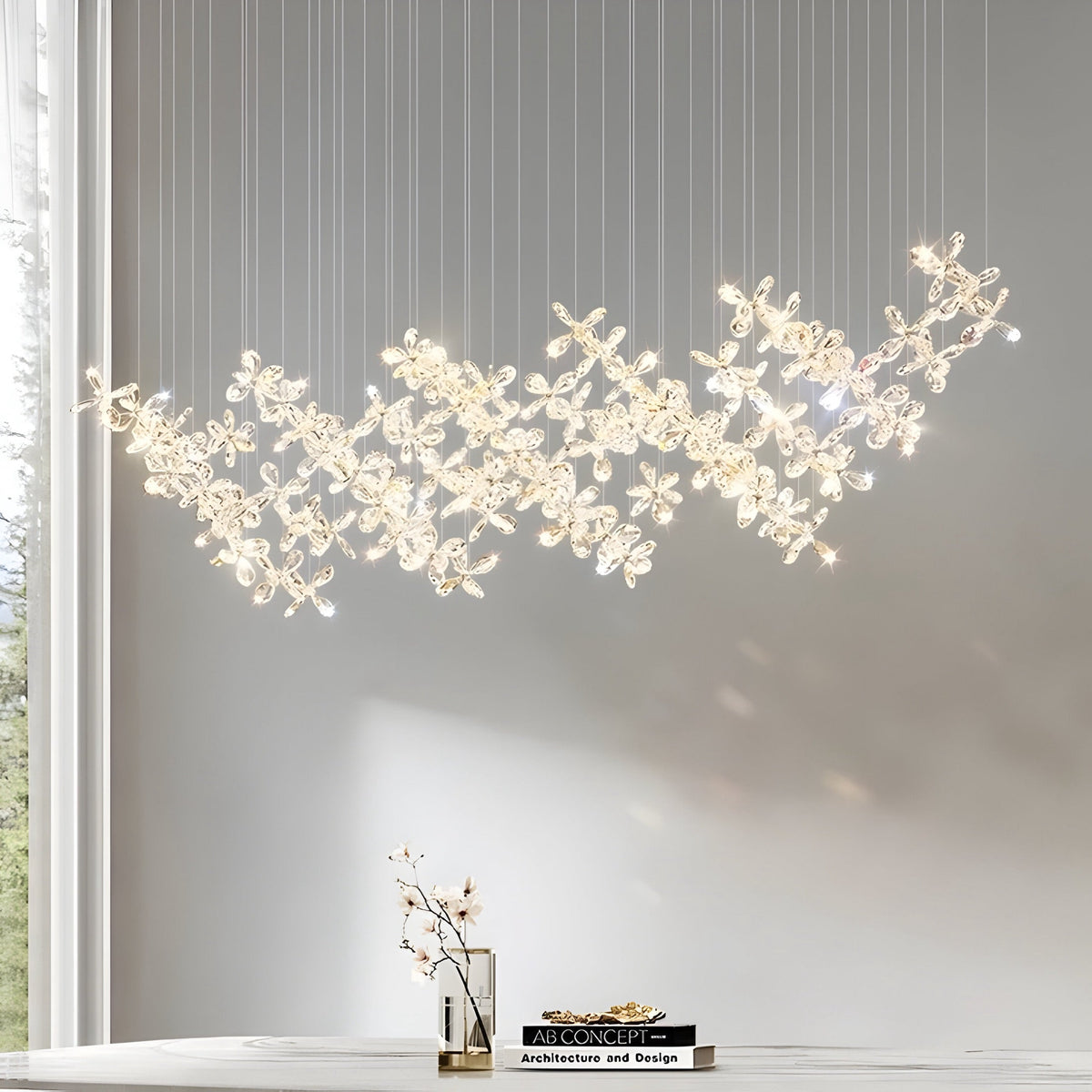 Suspension cristal à fleurs de verre K9 et inox, trois tailles
