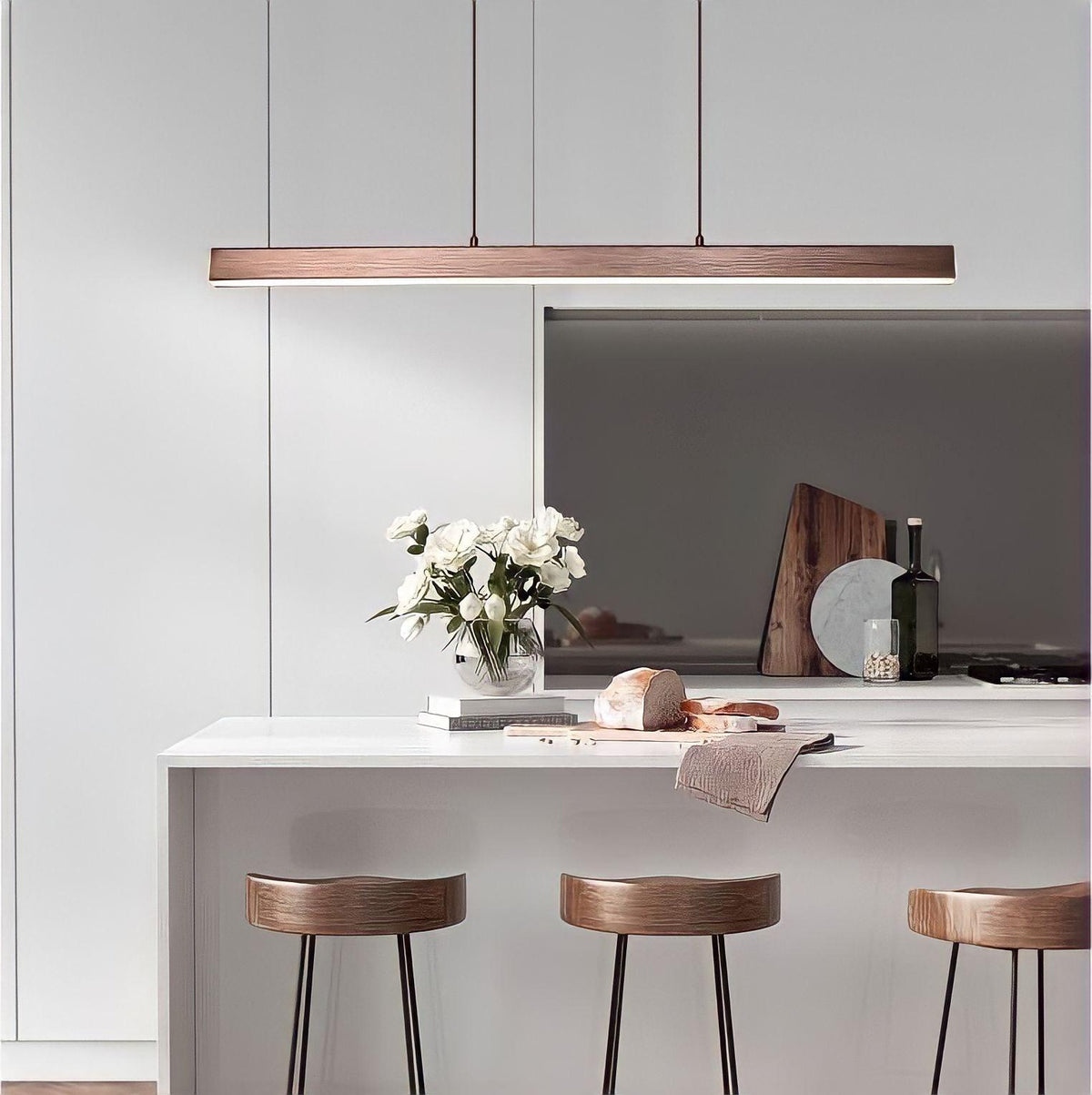 Suspension design LED longue pour table à manger, noire ou brune