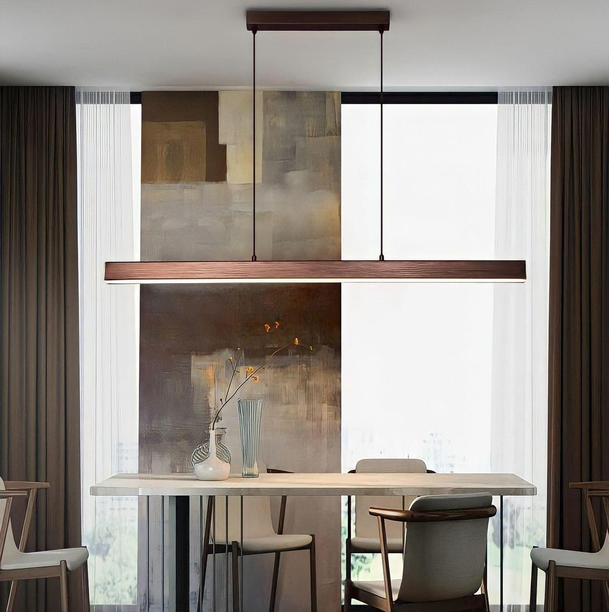 Suspension design LED longue pour table à manger, noire ou brune, vue 4
