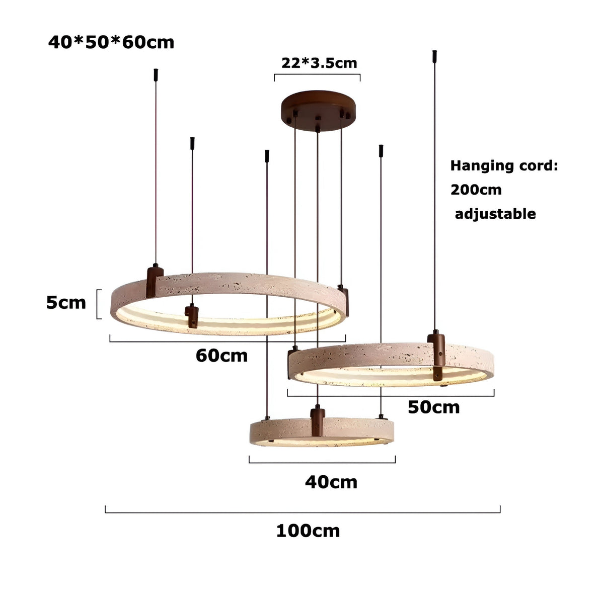 Suspension travertin à anneaux et bois, LED réglable, vue 10