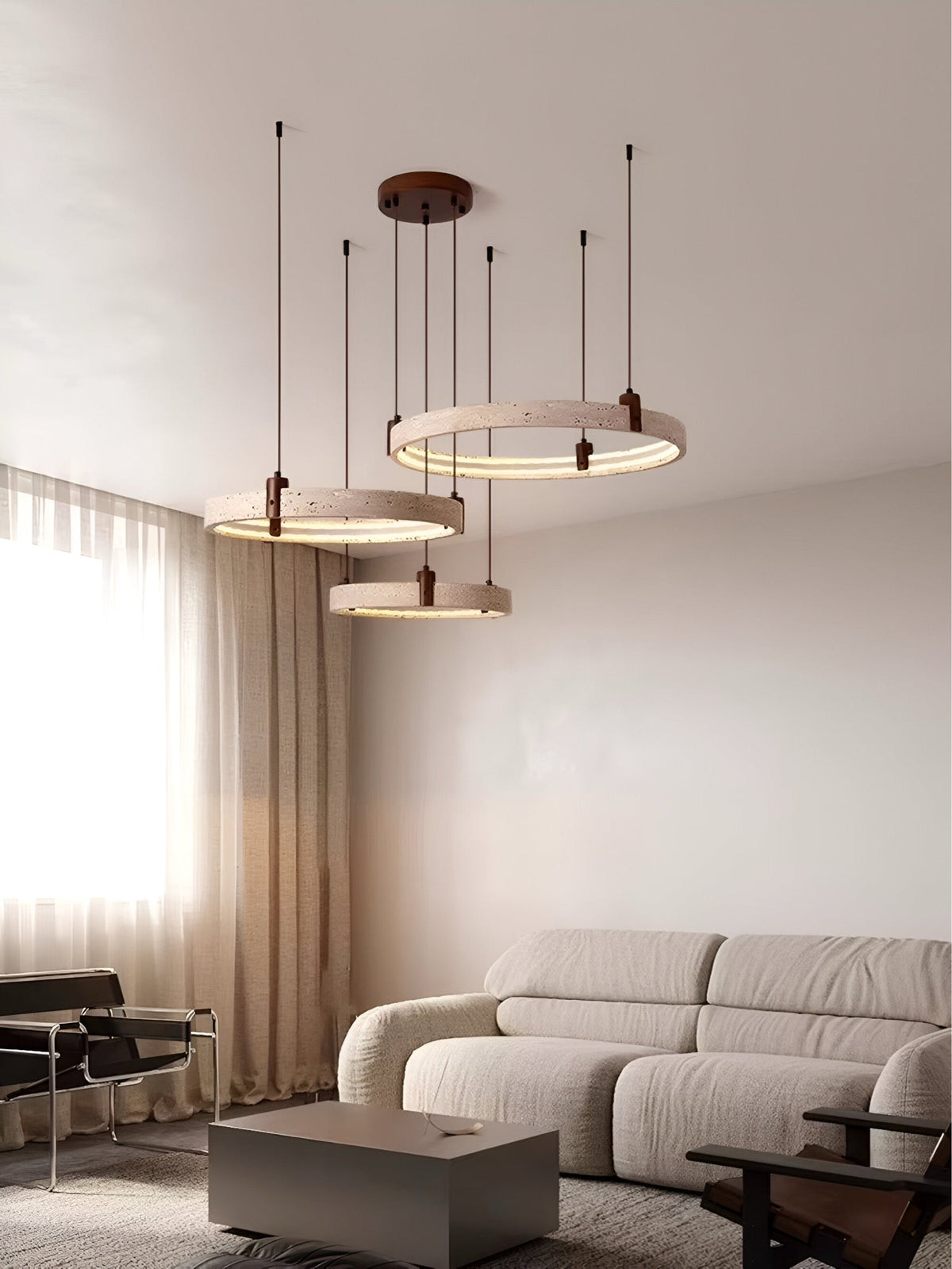 Suspension travertin à anneaux et bois, LED réglable, vue 4