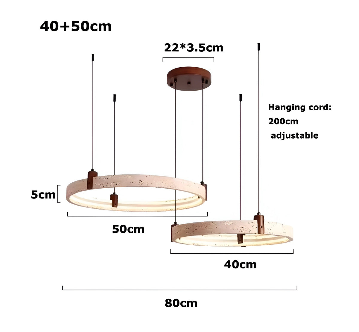 Suspension travertin à anneaux et bois, LED réglable, vue 9