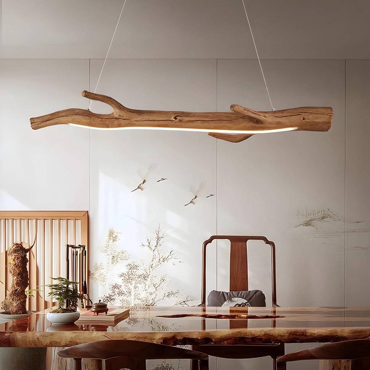 Suspension wabi-sabi branche effet bois en résine