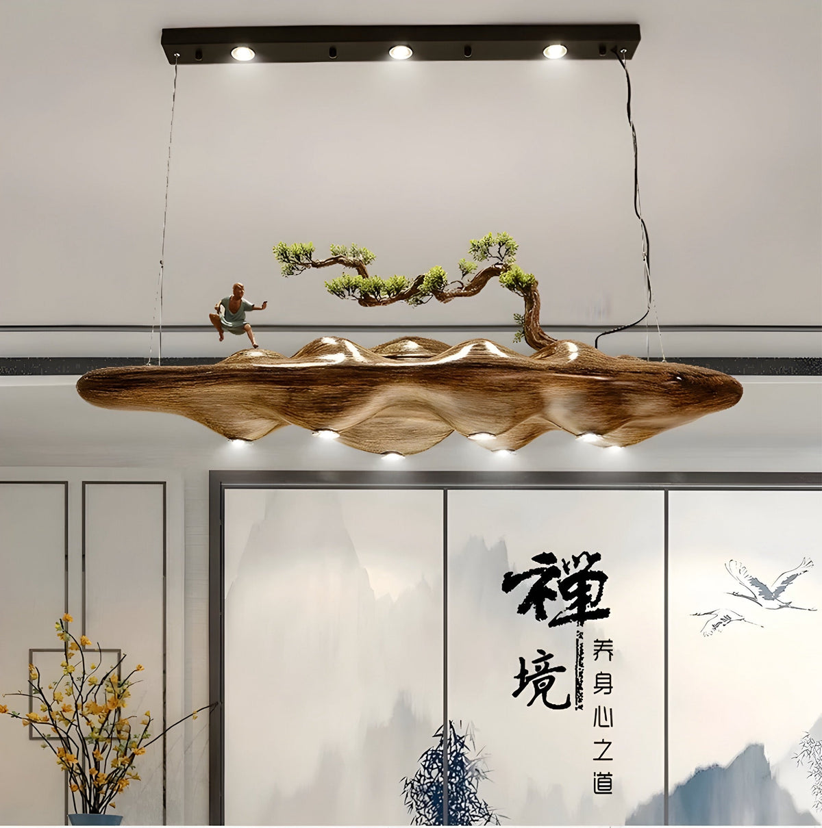 Suspension wabi-sabi en résine aspect bois, trois lumières