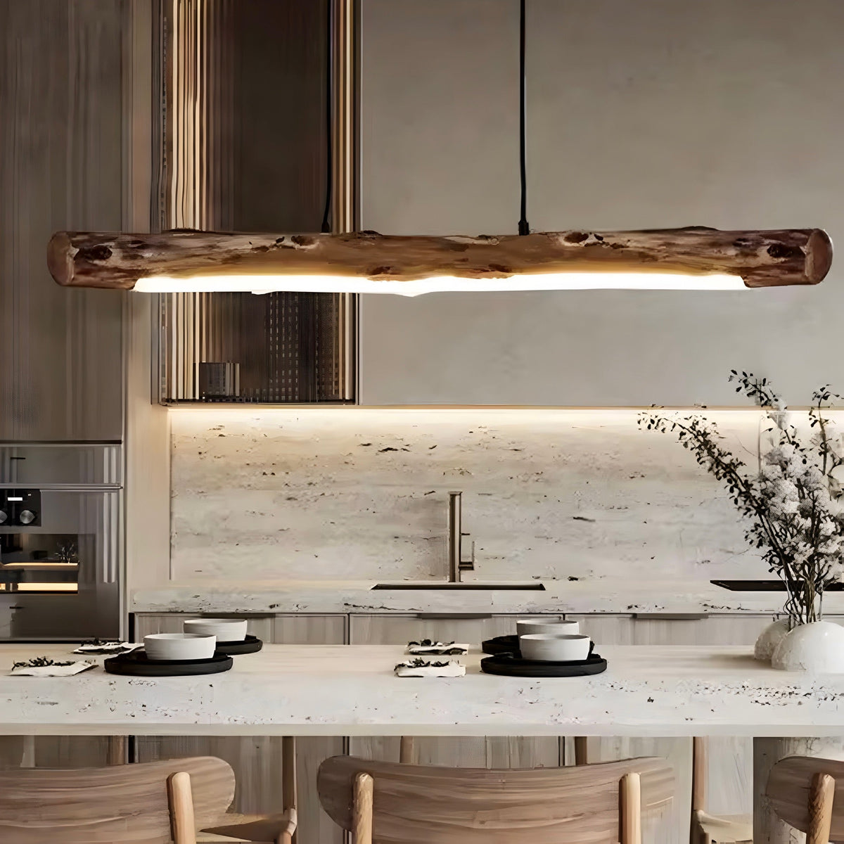 Suspension wabi-sabi en tronc de bois brut, LED