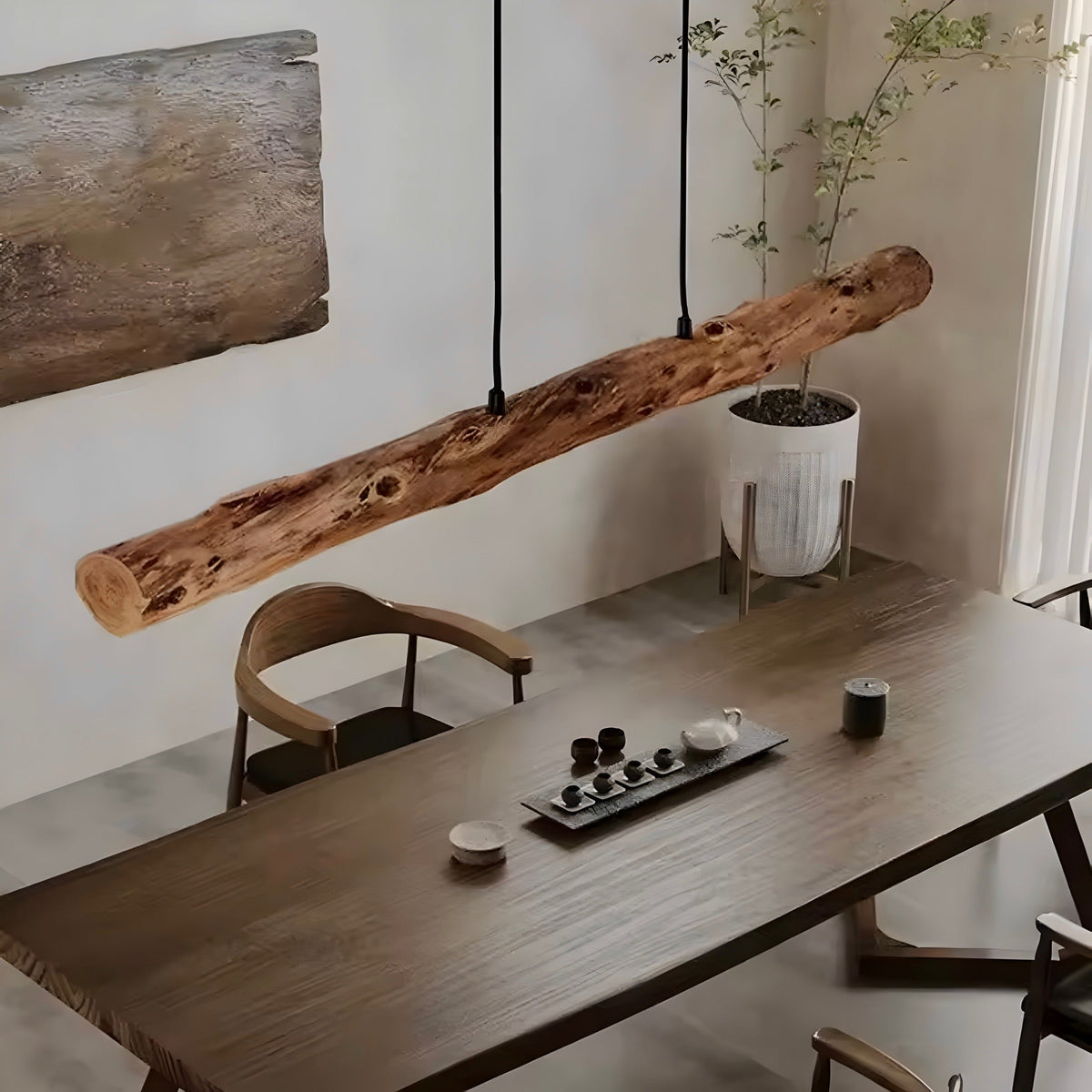 Suspension wabi-sabi en tronc de bois brut, LED, vue 2