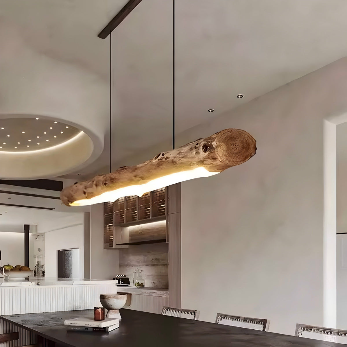 Suspension wabi-sabi en tronc de bois brut, LED, vue 3