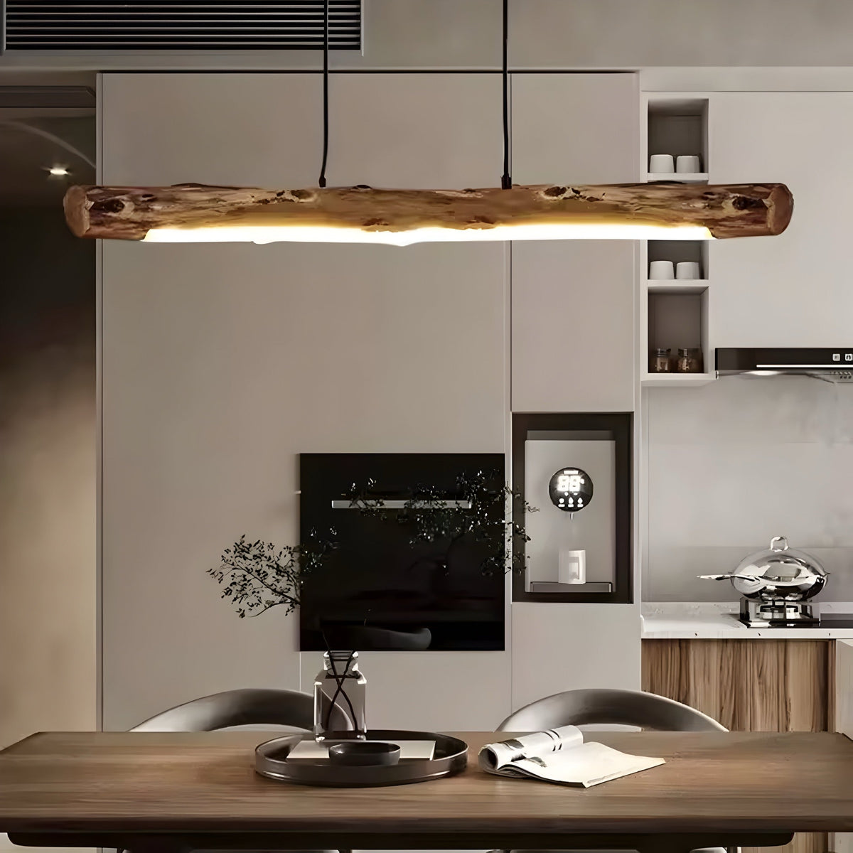 Suspension wabi-sabi en tronc de bois brut, LED, vue 4